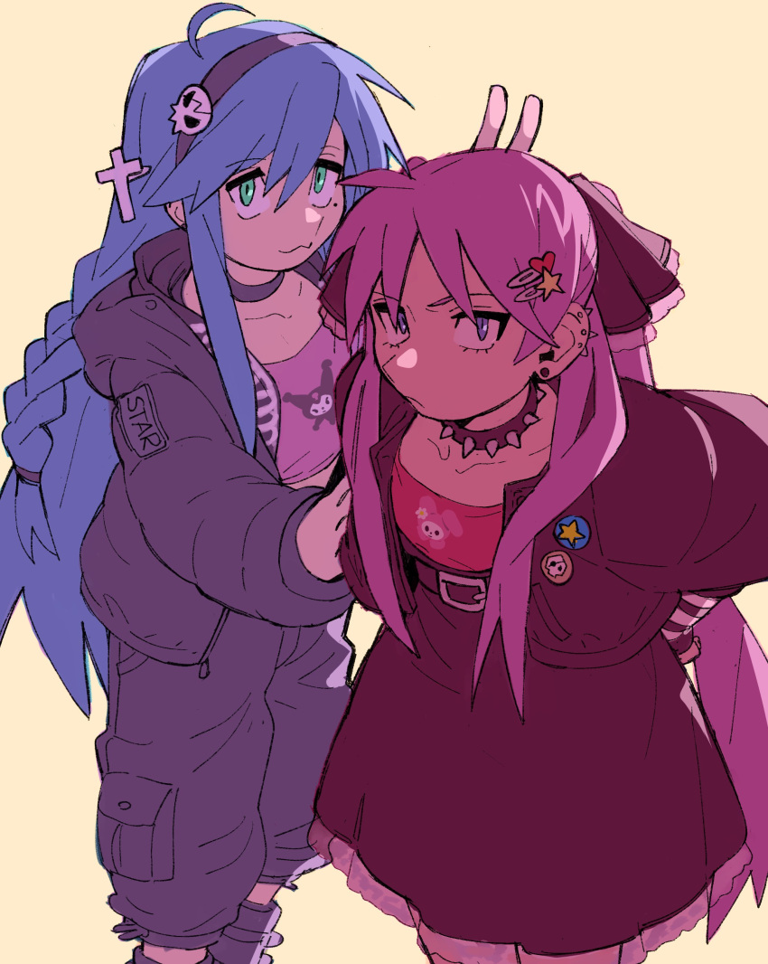 2girls, :3, absurdres, ahoge, alternate_costume, alternate_hairstyle, blue_eyes, blue_hair