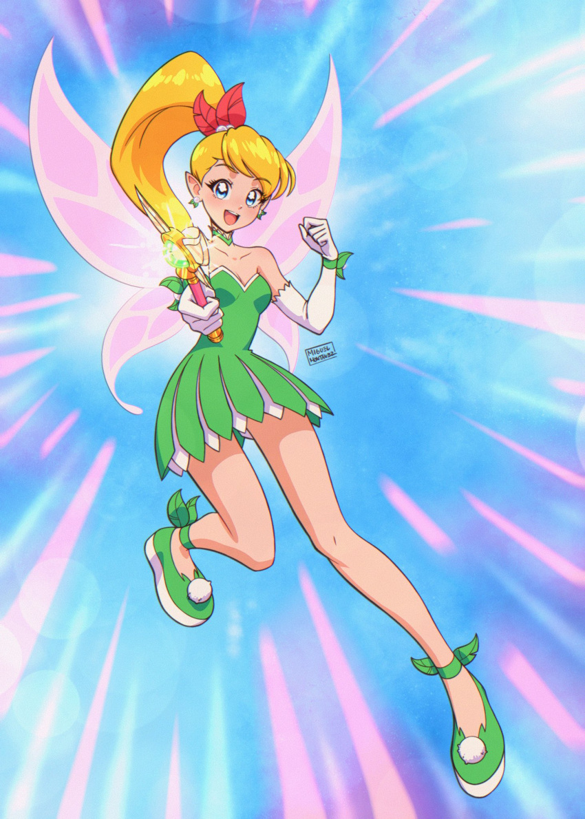 1girl, bare_shoulders, blonde_hair, blue_eyes, breasts, commentary, dress, earrings, elbow_gloves, english_commentary, fairy_wings, full_body, gloves, green_dress, high_ponytail, highres, jewelry, magical_girl, mrmiguelart, open_mouth, parody, peter_pan_(disney), precure, short_dress, small_breasts, smile, solo, strapless, strapless_dress, style_parody, tinker_bell_(disney), wand, white_gloves, wings