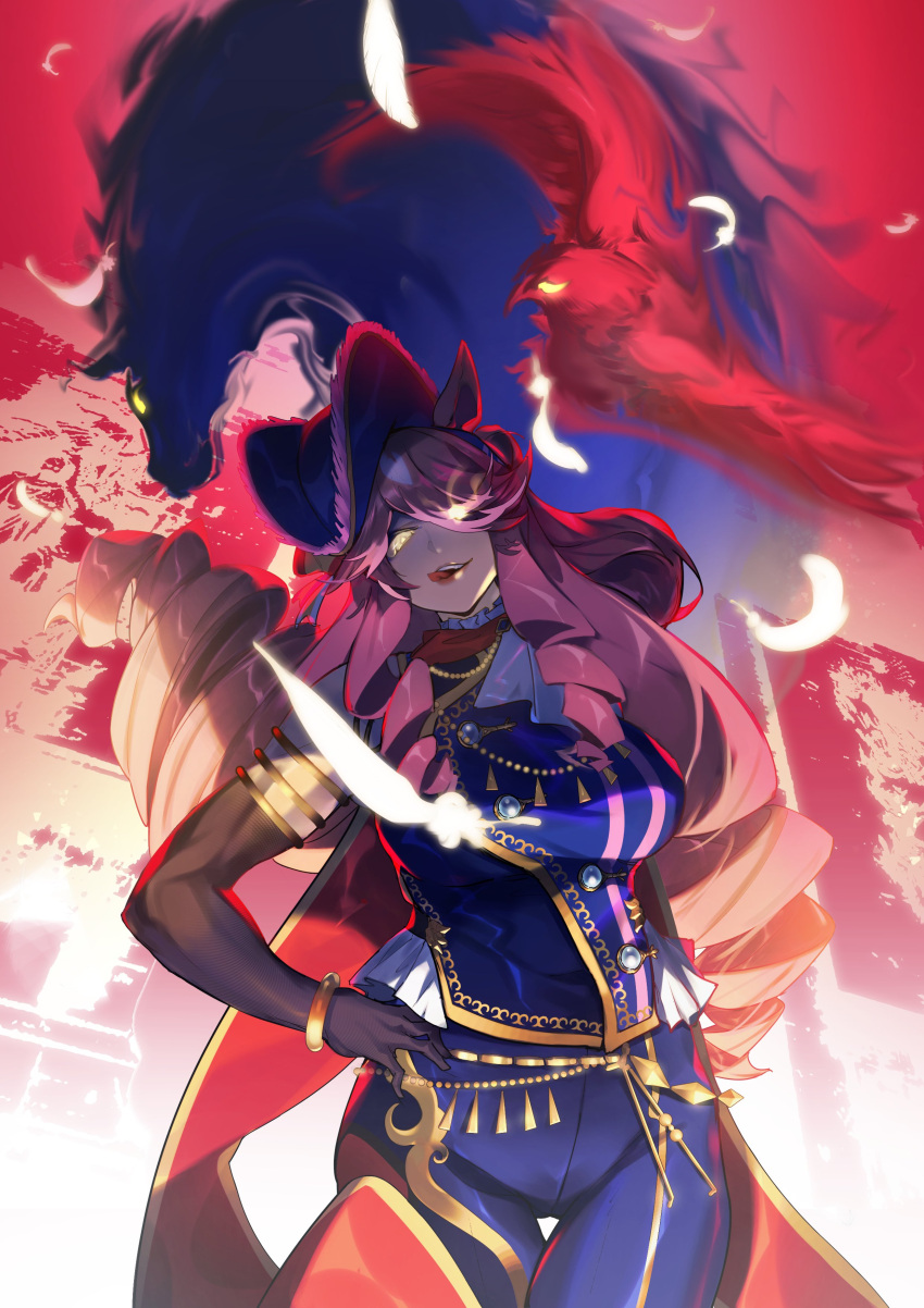 1girl, absurdres, animal, animal_ears, bicorne, bird, black_gloves, blue_headwear