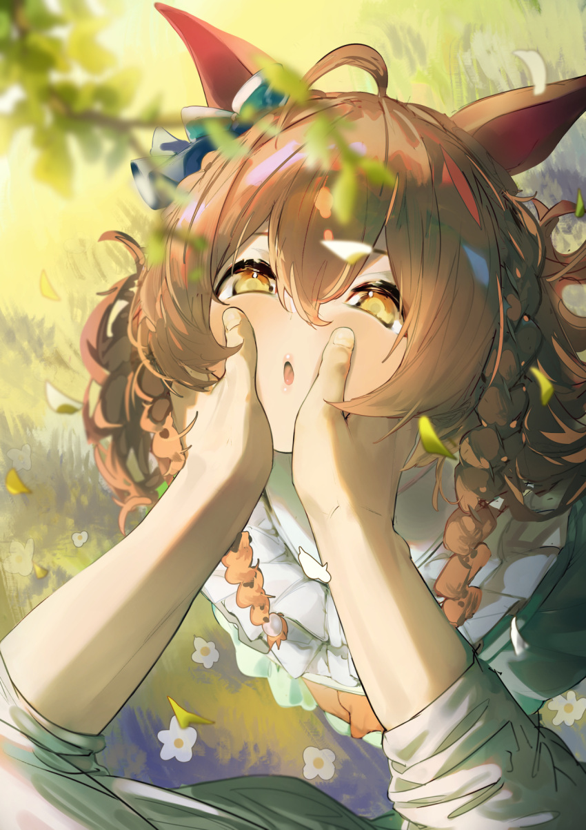 1boy, 1girl, ahoge, animal_ears, bangs, blue_bow, blurry, blurry_foreground, bow, braid, branch, brown_eyes, brown_hair, commentary_request, day, depth_of_field, dress, ear_bow, eyebrows_hidden_by_hair, frilled_dress, frills, green_dress, hair_between_eyes, hands_on_another's_face, highres, horse_ears, long_hair, long_sleeves, mejiro_bright_(umamusume), outdoors, parted_lips, shirt, sunagami13, trainer_(umamusume), twin_braids, umamusume, very_long_hair, white_shirt