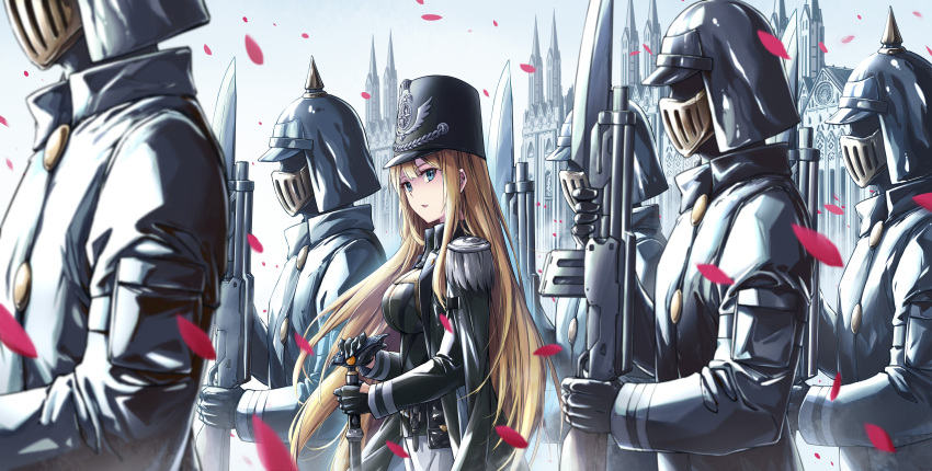 1girl, absurdres, armor, bangs, blonde_hair, blue_eyes, breasts, character_request
