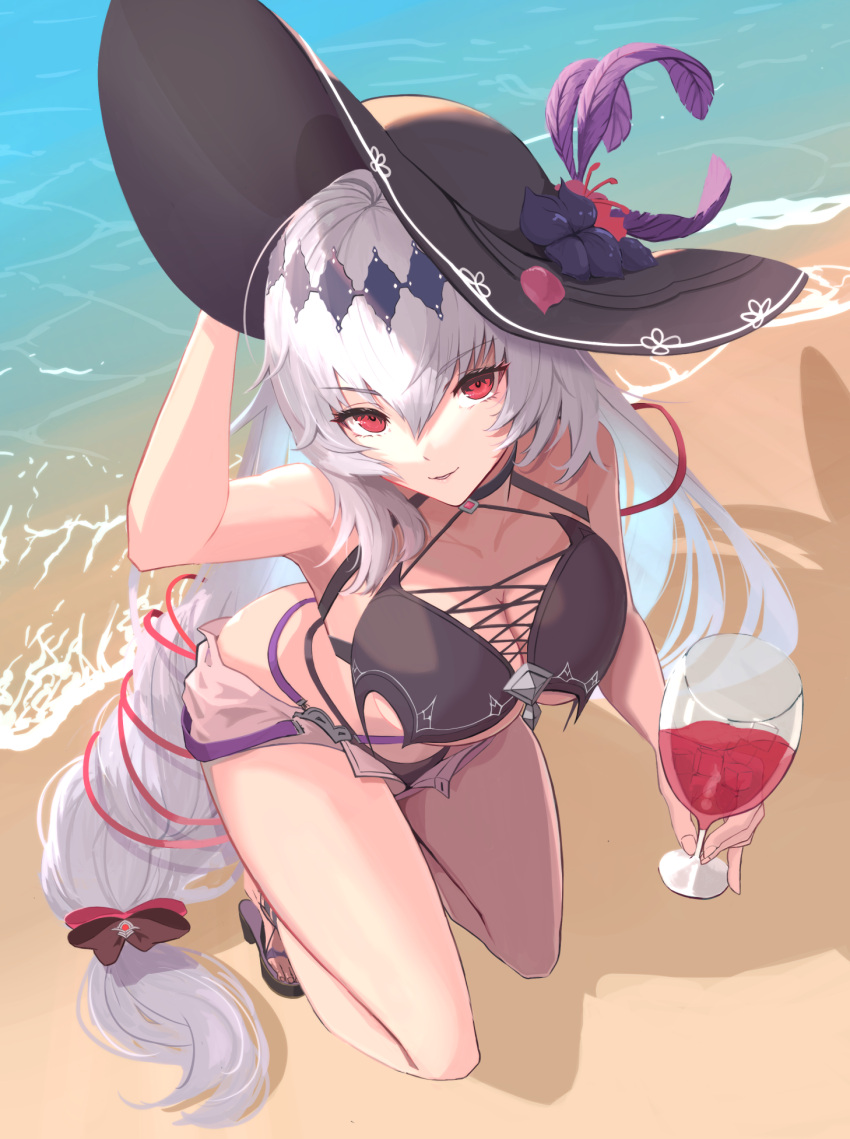 1girl, beach, bikini, black_bikini, black_headwear, braid, choker, collarbone