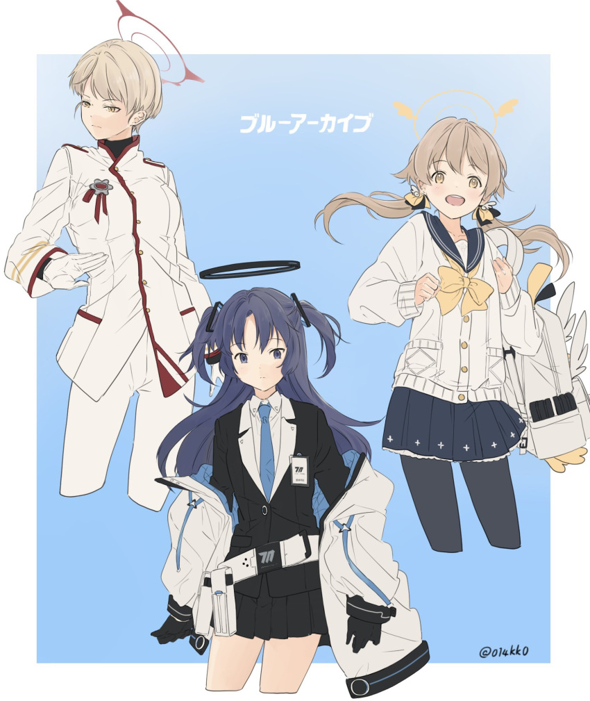 3girls, backpack, bag, black_pantyhose, blue_archive, blue_hair, closed_mouth, copyright_name