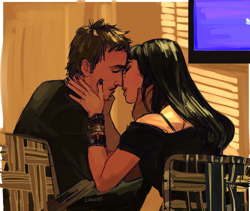 black_hair, bracelet, breaking_bad, brown_hair, chair, closed_eyes, imminent_kiss, jane_margolis