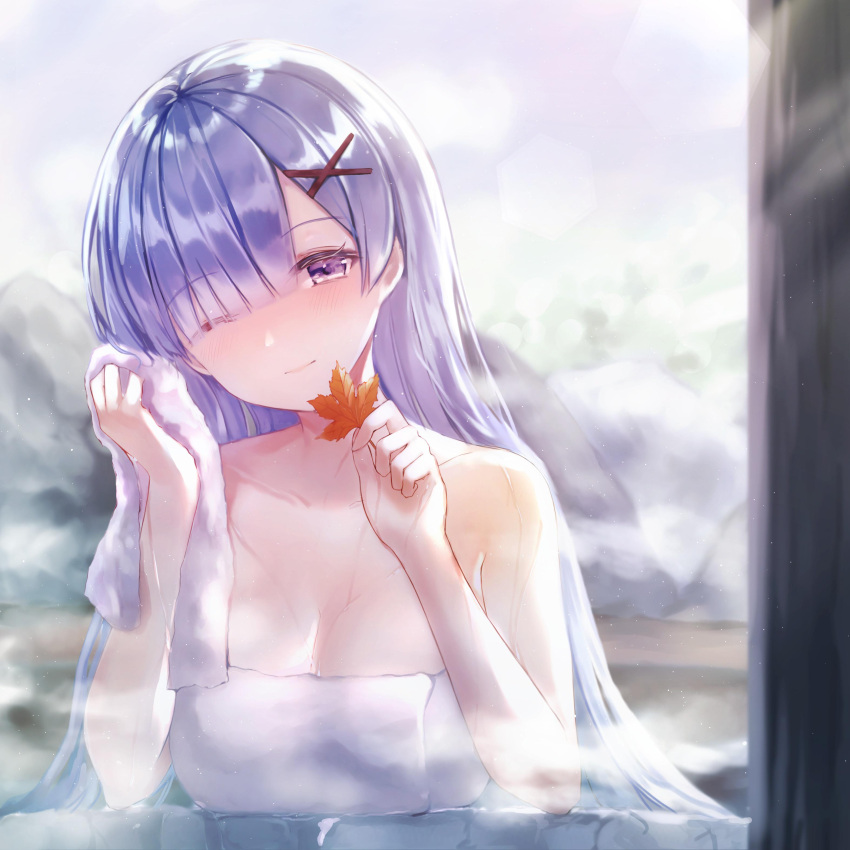 1girl, alternate_hair_length, alternate_hairstyle, bangs, bath, bathing, blurry_background, blush, breasts, cleavage, closed_mouth, collarbone, eyebrows_visible_through_hair, hair_between_eyes, hair_ornament, hair_over_one_eye, holding, large_breasts, long_hair, looking_at_viewer, maple_leaf, naked_towel, no_bra, nude, onsen, partially_submerged, purple_eyebrows, purple_eyes, purple_hair, re:zero_kara_hajimeru_isekai_seikatsu, rem_(re:zero), smile, snowing, solo, steam, towel, water, wet, x_hair_ornament