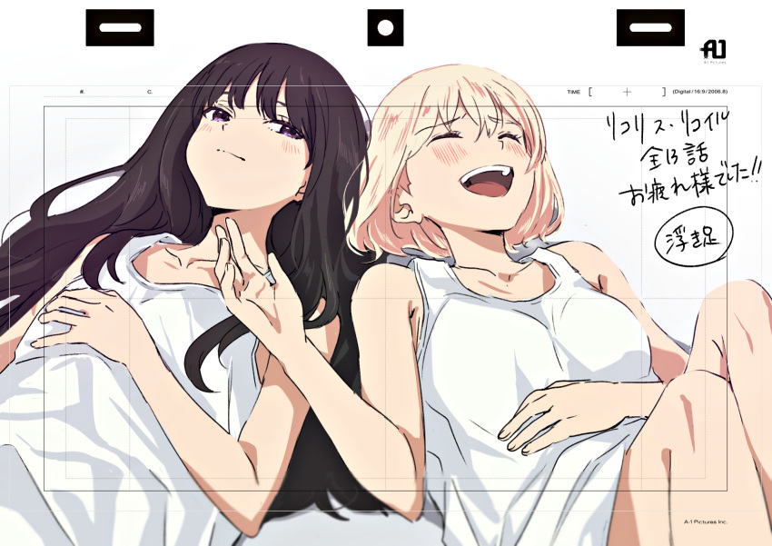 2girls, anarchy_ptck, artist_name, black_hair, blonde_hair, blush, highres, inoue_takina