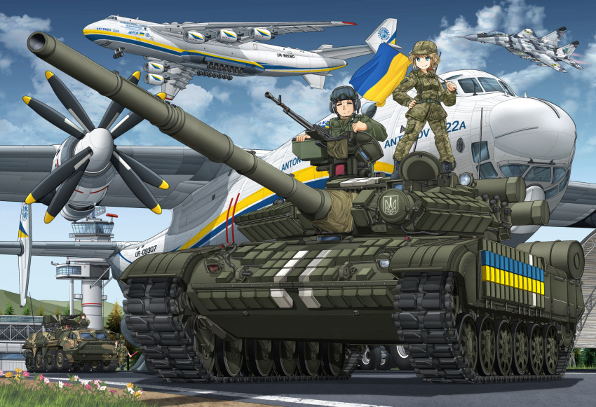 1girl, 3boys, absurdres, airport, an-22, antonov_an-225, blue_eyes, blue_sky, btr-4, camouflage, camouflage_jacket, camouflage_pants, closed_eyes, clouds, coat_of_arms, digital_camouflage, earphones, faceless, faceless_male, flag, flower, full_body, ground_vehicle, gun, heavy_machine_gun, highres, holding, holding_flag, jacket, light_brown_hair, machine_gun, mikeran_(mikelan), military, military_uniform, military_vehicle, motor_vehicle, multiple_boys, open_hatch, original, outdoors, pants, pink_flower, reactive_armor, short_hair, sky, su-27, t-64, tank, ukraine, ukrainian_flag, uniform, weapon, white_flower, yellow_flower