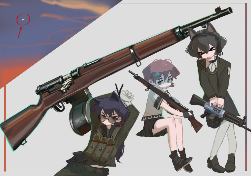 >_<, 3girls, absurdres, animal_ears, ankle_boots, assault_rifle, black_footwear, black_skirt