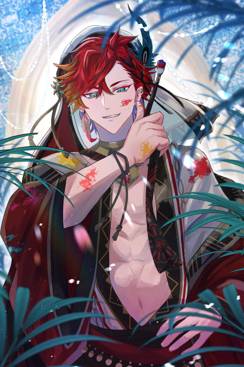 1boy, abs, absurdres, aqua_eyes, arabian_clothes, arch, bangs, black_ribbon