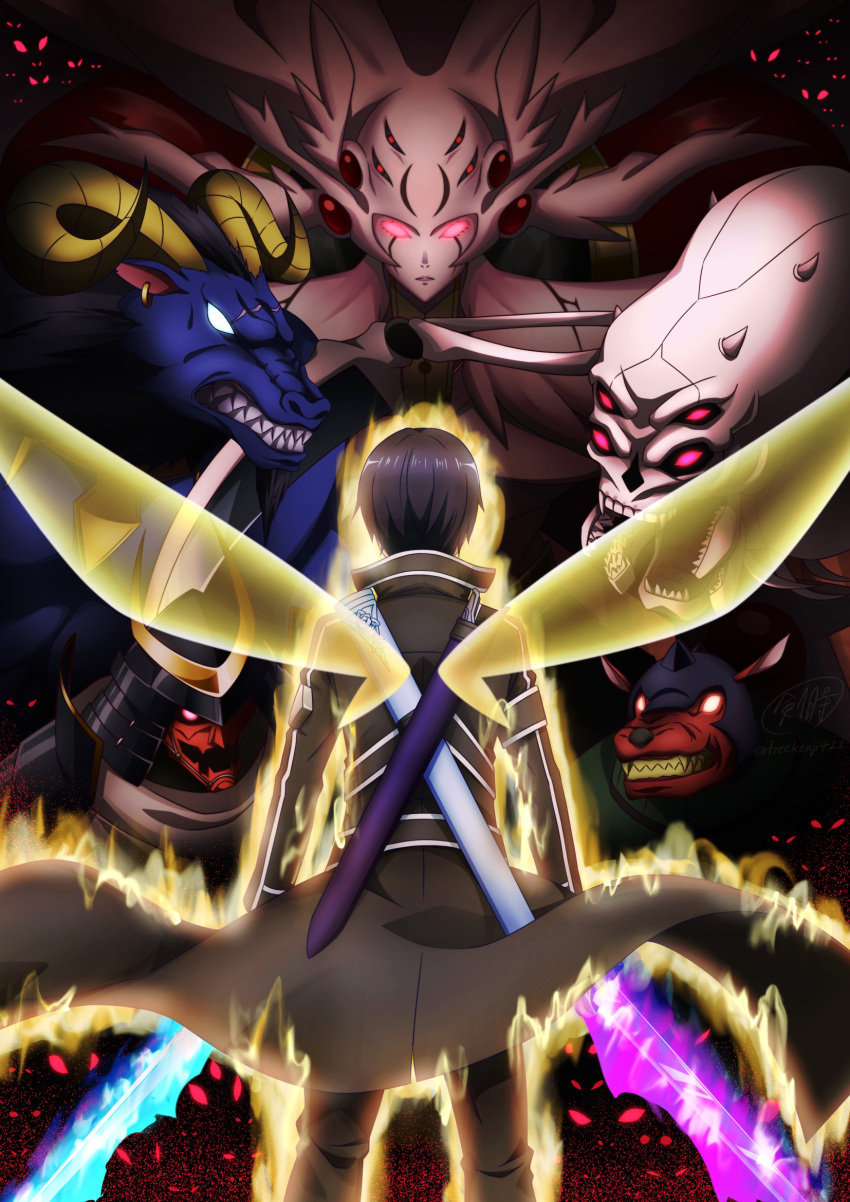 1boy, an_incarnation_of_the_radius, armor, aura, black_hair, blue_fire, blue_rose_sword, brown_jacket