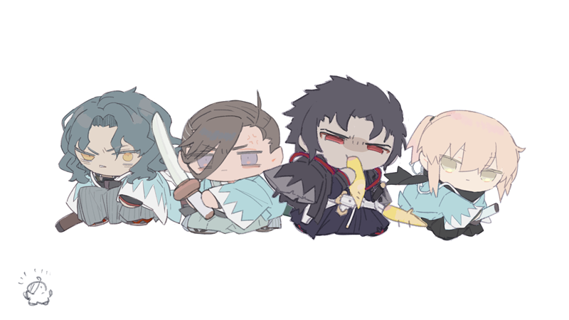 1girl, 3boys, :|, anger_vein, belt, black_hair, black_hakama, black_jacket