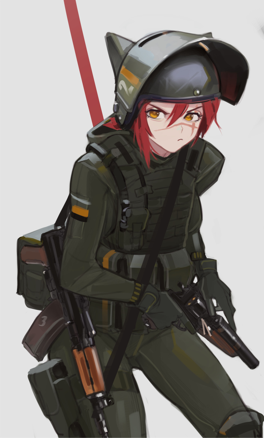 1girl, absurdres, aks-74u, ammunition_pouch, animal_ears, assault_rifle, bulletproof_vest, cat_ears, cat_girl, closed_mouth, frown, gloves, gun, handgun, helmet, highres, kalashnikov_rifle, original, polilla, pouch, redhead, revolver, rifle, scar, scar_on_face, short_hair, solo, tactical_clothes, visor_(armor), weapon, yellow_eyes