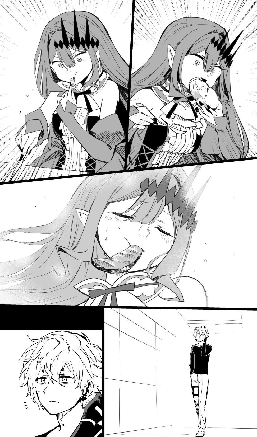 1boy, 1girl, blush, bread, closed_eyes, eating, fairy_knight_tristan_(fate), fate/grand_order