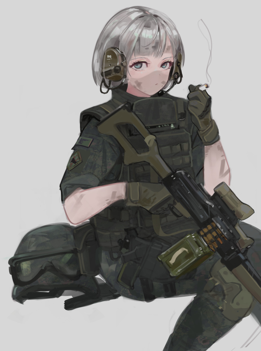 1girl, absurdres, blue_eyes, camouflage, camouflage_jacket, camouflage_paint, camouflage_pants, cigarette