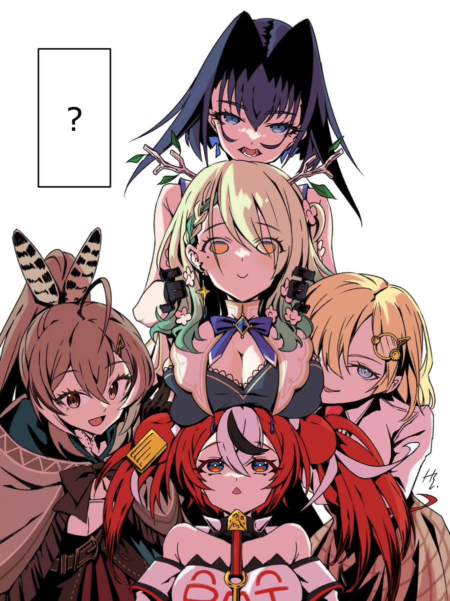 animal_ears, antlers, bangs, black_hair, blonde_hair, blue_eyes, blue_hair, bow, bow_earrings, braid, braided_bangs, branch, breast_rest, breasts, breasts_on_head, brown_eyes, brown_hair, ceres_fauna, earrings, feather_hair_ornament, feathers, flower, gloves, green_hair, hair_flower, hair_intakes, hair_ornament, hakos_baelz, highres, hololive, hololive_english, jewelry, long_hair, looking_at_viewer, mole, mole_under_eye, monocle_hair_ornament, mouse_ears, mouse_girl, multicolored_hair, multiple_girls, nanashi_mumei, open_mouth, ouro_kronii, ponytail, redhead, shirt, short_hair, streaked_hair, taka_t, twintails, very_long_hair, virtual_youtuber, watson_amelia, white_hair, white_shirt, yellow_eyes