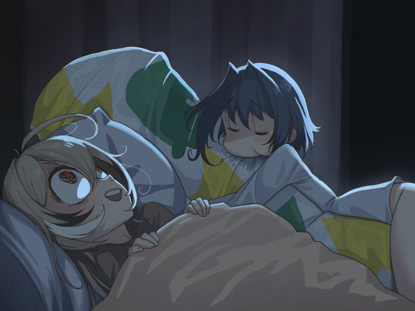 2girls, 500_dollar_four_foot_tall_mareep_(meme), @_@, bed, blanket, blue_hair, bottomless, brown_hair