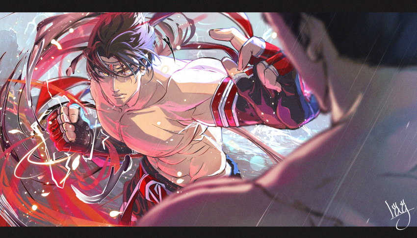 2boys, abs, absurdres, battle, black_gloves, black_hair, electricity, facial_mark