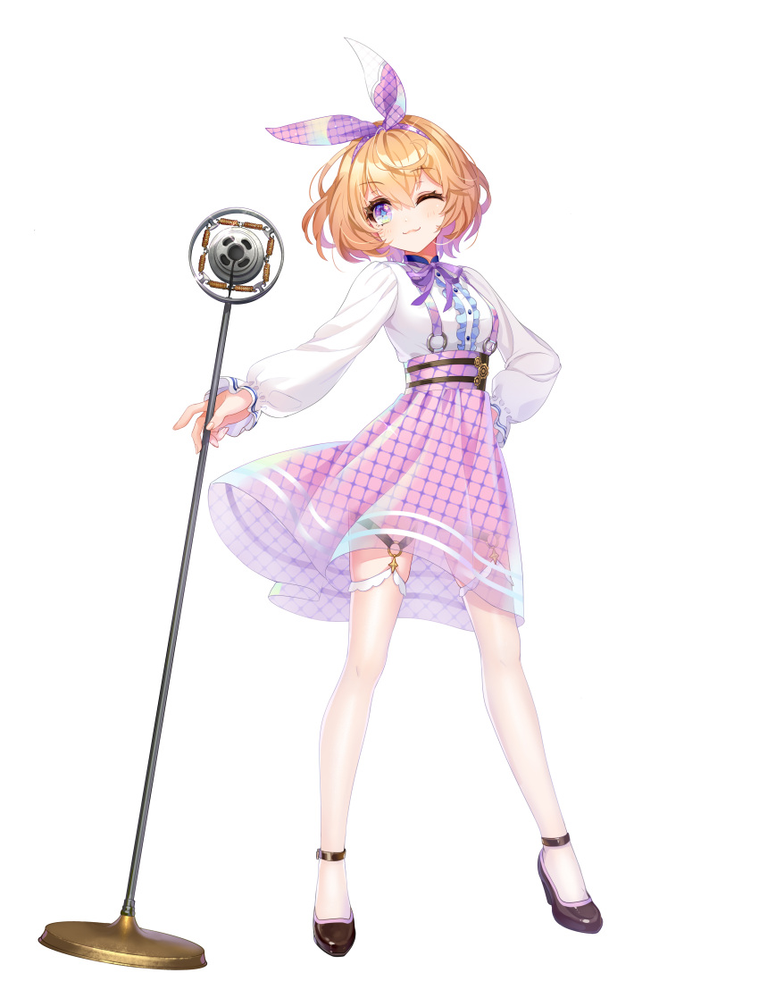 1girl, ;3, absurdres, ankle_strap, black_footwear, bob_cut, cross-shaped_pupils, frilled_shirt