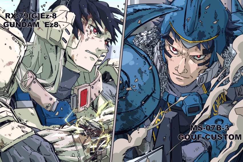 2boys, 8823, black_hair, blood, blood_on_face, blue_hair, cable, character_name