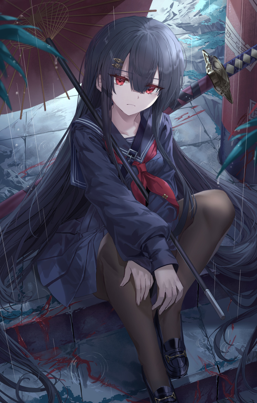 1girl, absurdres, bangs, black_footwear, black_hair, blood, blood_on_ground, blood_splatter