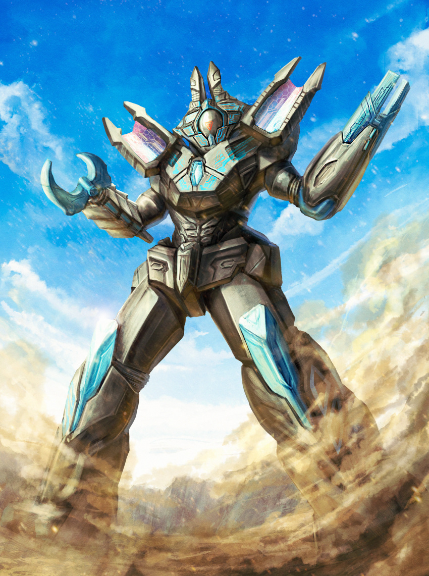 absurdres, arm_cannon, claw_(weapon), clouds, dust, head_tilt, highres, mecha