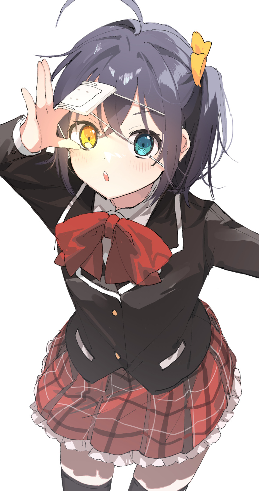 1girl, ahoge, aqua_eyes, bangs, black_hair, black_jacket, black_thighhighs, blazer, bow, bowtie, chestnut_mouth, chuunibyou_demo_koi_ga_shitai!, contact_lens, crossed_bangs, eyepatch, eyepatch_lift, frilled_skirt, frills, hair_between_eyes, hair_ribbon, heterochromia, highres, ika_esu, jacket, leaning_forward, medical_eyepatch, plaid, plaid_skirt, red_bow, red_bowtie, red_skirt, ribbon, school_uniform, shadow, shirt, short_hair, side_ponytail, simple_background, skirt, solo, takanashi_rikka, teeth, thigh-highs, upper_teeth, white_background, white_shirt, yellow_eyes, yellow_ribbon
