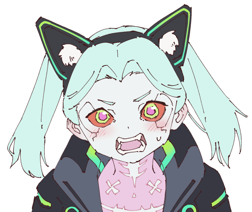 1girl, animal_ear_fluff, animal_ears, aqua_hair, black_jacket, blush, cat_ears, chinese_commentary