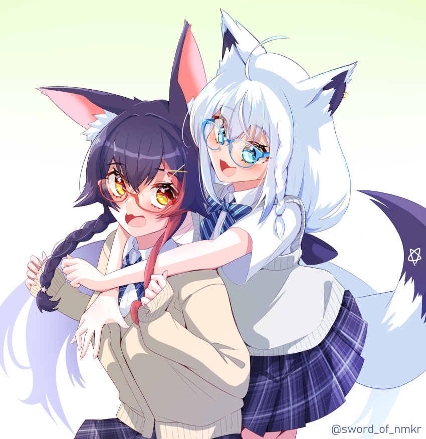 2girls, absurdres, ahoge, animal_ear_fluff, animal_ears, bangs, black_hair, blue_bow, blue_bowtie, blue_skirt, bow, bowtie, braid, cardigan, commentary_request, earrings, fox_ears, fox_girl, fox_tail, glasses, green_eyes, hair_between_eyes, highres, hololive, jewelry, long_hair, looking_at_viewer, multicolored_hair, multiple_girls, murasame_(sword_of_nmkr), ookami_mio, plaid, plaid_skirt, pleated_skirt, redhead, shirakami_fubuki, shirt, sidelocks, simple_background, single_braid, skirt, streaked_hair, tail, twitter_username, virtual_youtuber, white_background, white_hair, white_shirt, wolf_ears, wolf_girl, yellow_eyes