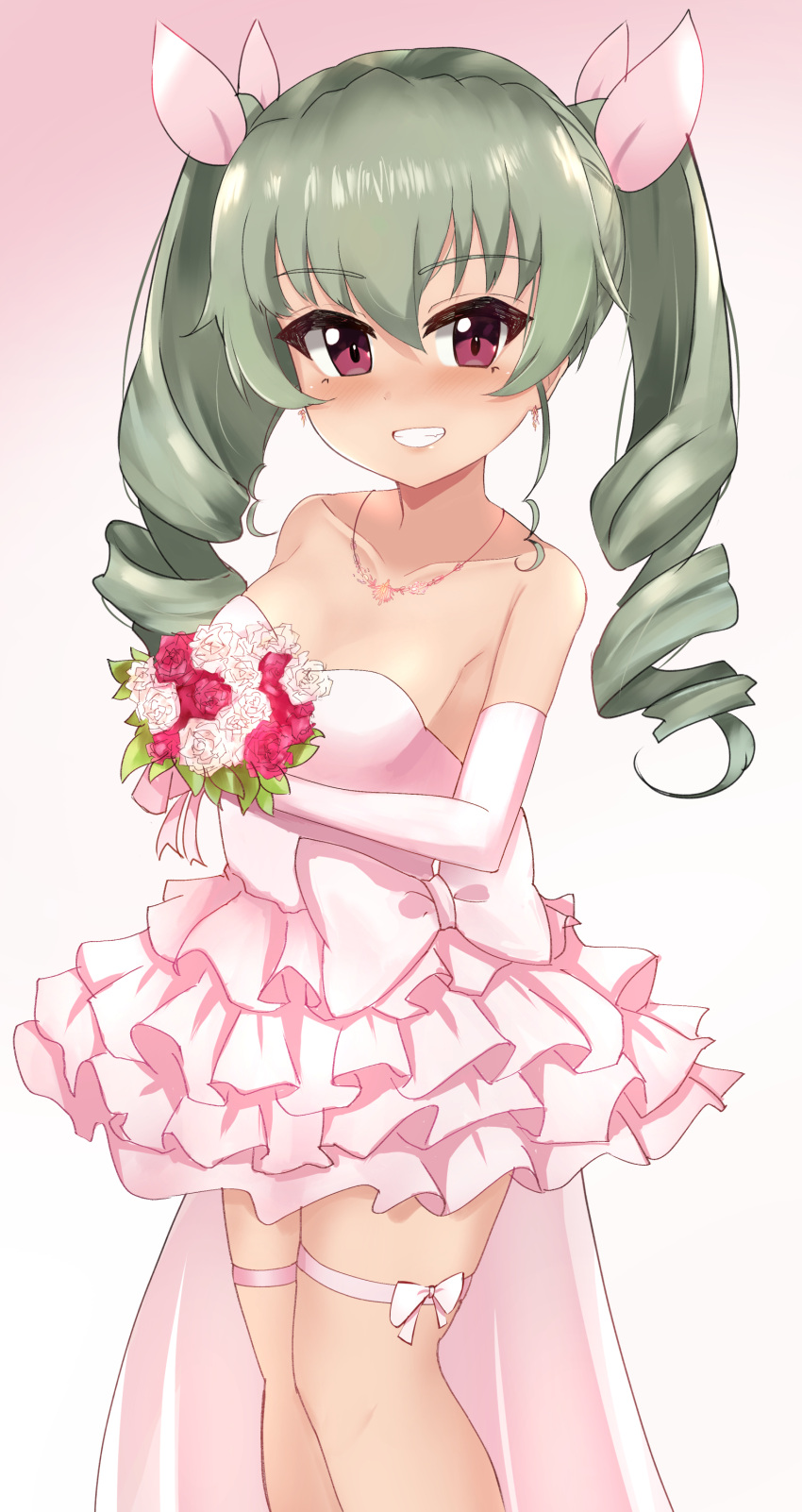 1girl, absurdres, anchovy_(girls_und_panzer), bare_shoulders, blush, bouquet, breasts, collarbone