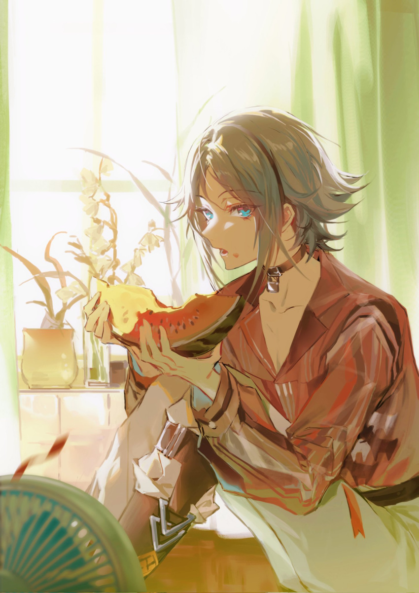 1boy, animal_costume, animal_print, belt, black_collar, blue_eyes, blurry, boots, brown_footwear, brown_hair, collar, collarbone, commission, curtains, day, depth_of_field, dog_print, eating, electric_fan, eyes_visible_through_hair, feet_out_of_frame, food, food_on_face, fruit, highres, holding, holding_food, holding_fruit, indoors, knees_up, long_sleeves, looking_at_viewer, male_focus, mysta_rias, nijisanji, nijisanji_en, open_mouth, orange_shirt, pants, plant, potted_plant, second-party_source, setsumiyzfl, shirt, short_hair, single_thigh_boot, sitting, solo, thigh_boots, virtual_youtuber, watermelon, white_pants, window