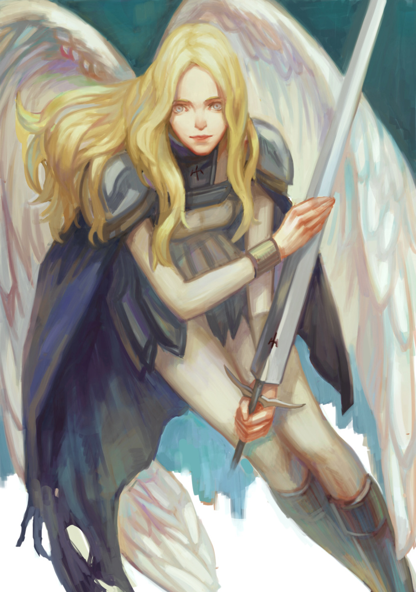 1girl, armor, blonde_hair, bodysuit, claymore, feathered_wings, grey_eyes, highres