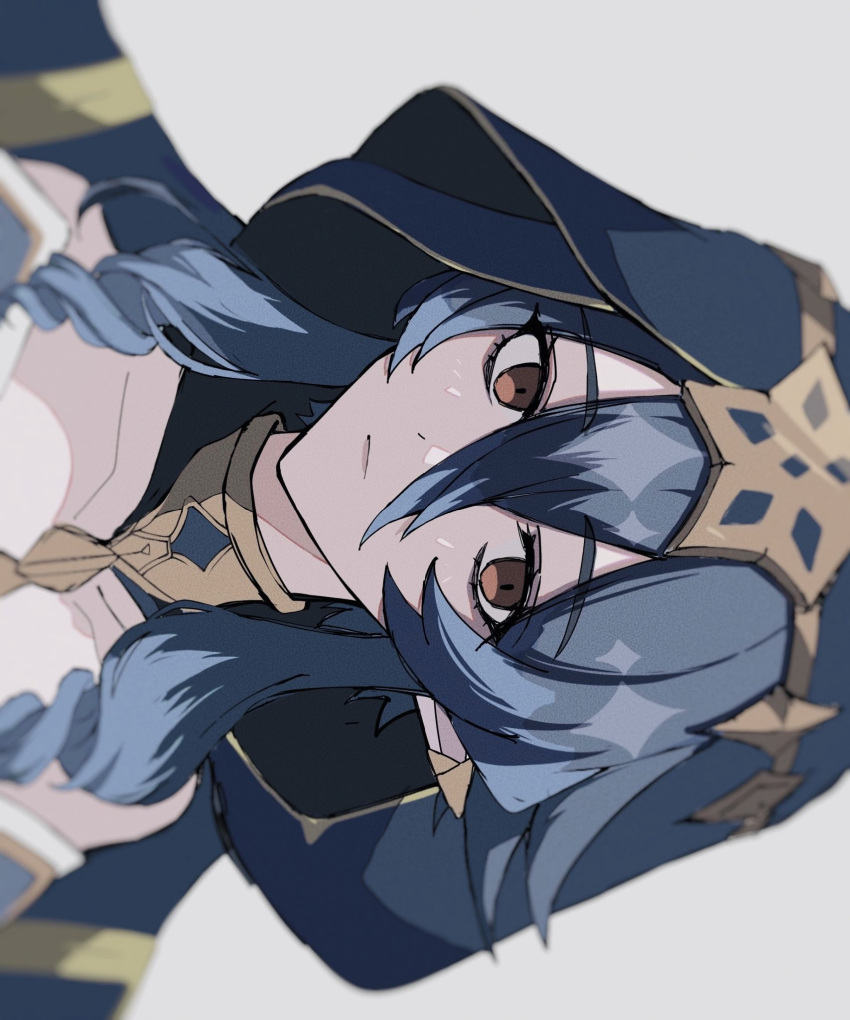 1girl, bare_shoulders, blue_hair, blurry, collarbone, drill_hair, empty_eyes, expressionless