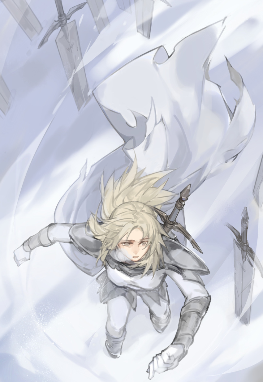 1girl, absurdres, armor, blonde_hair, bodysuit, boots, cape, claymore