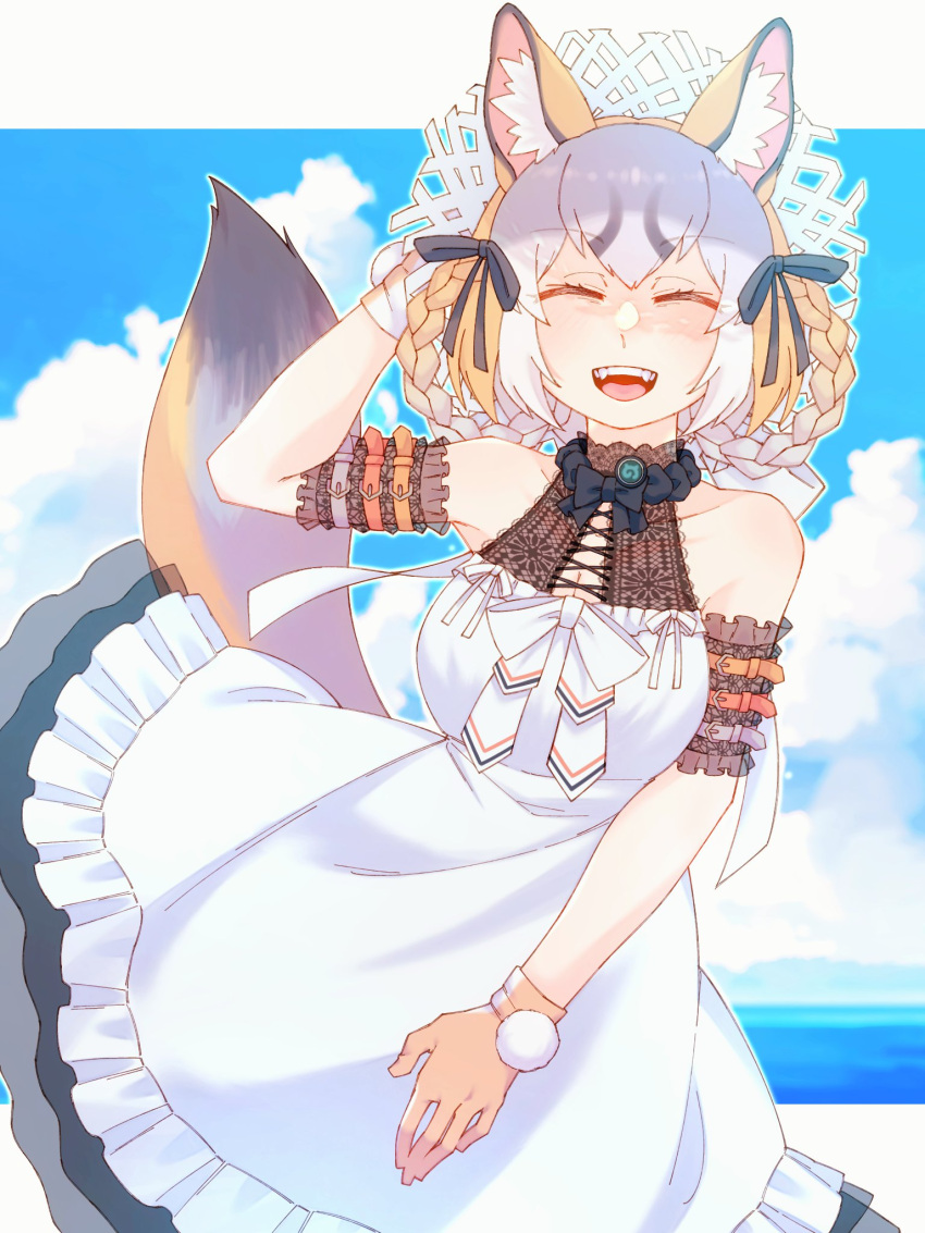 1girl, animal_ear_fluff, animal_ears, belt, closed_eyes, dress, fox_ears, fox_girl
