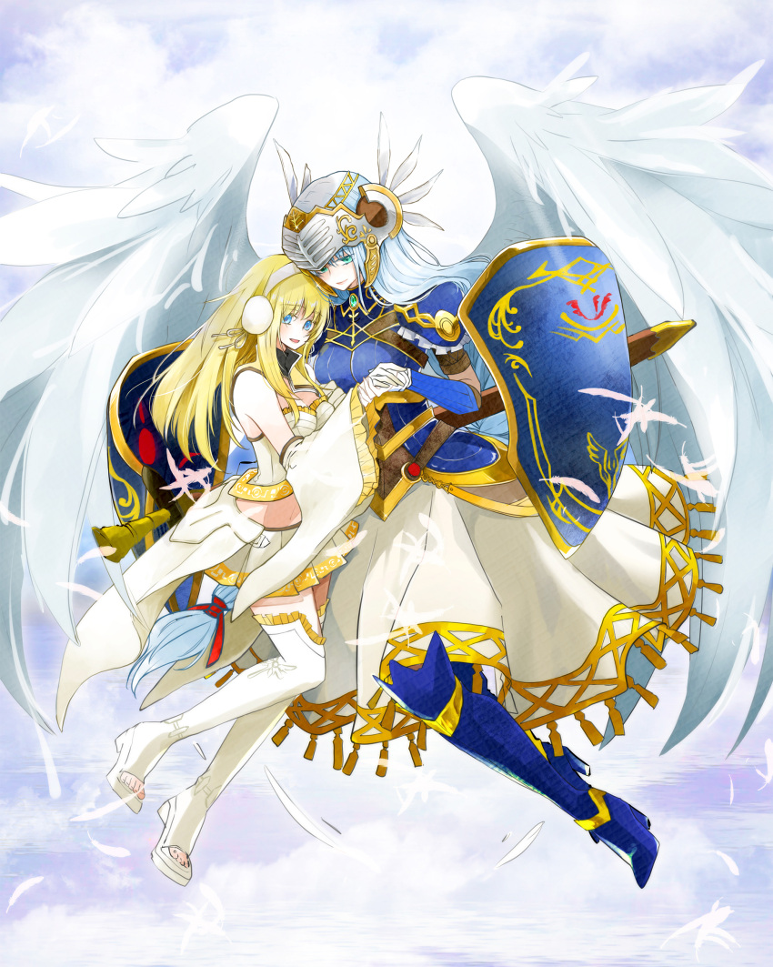 2girls, absurdres, armor, armored_dress, blonde_hair, blue_armor, boots, evelysse_(star_ocean), feathered_wings, helmet, highres, lenneth_valkyrie, long_hair, low-braided_long_hair, multiple_girls, ponyo_soa, shoulder_armor, shoulder_pads, star_ocean, star_ocean_anamnesis, valkyrie, valkyrie_profile, white_hair, winged_helmet, wings