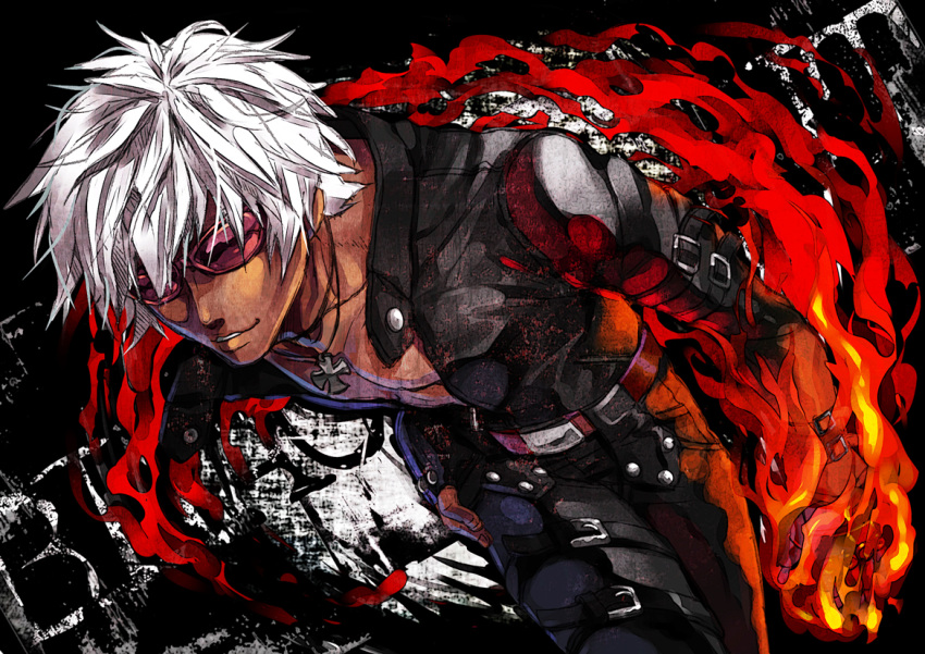 1boy, bangs, belt, black_jacket, commentary, cross, cross_necklace, dark-skinned_male