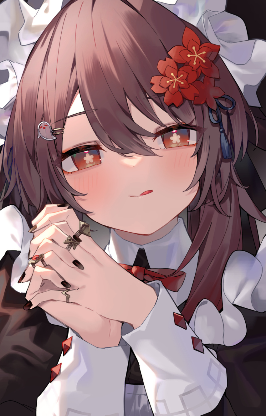 1girl, :q, alternate_costume, apron, bangs, black_dress, black_nails, brown_hair