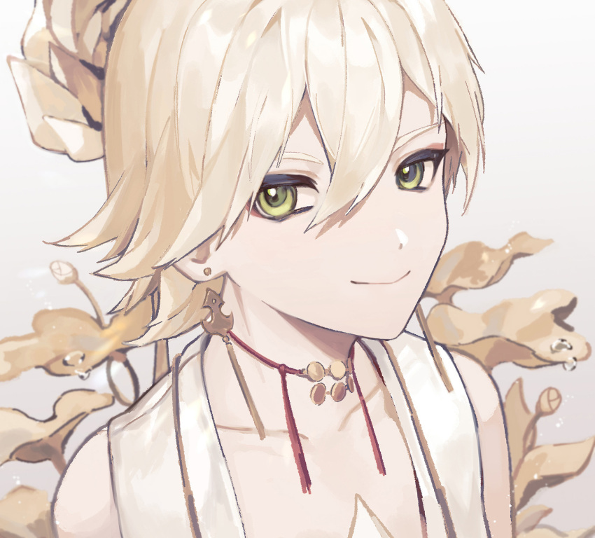 1boy, bangs, bishounen, blonde_hair, earrings, flower, green_eyes, grey_background