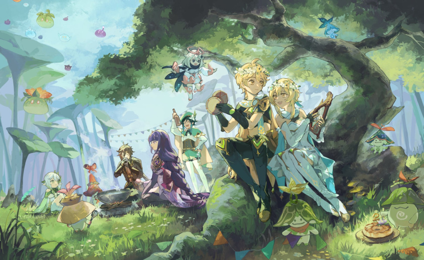 3boys, 4girls, aether_(genshin_impact), ahoge, arama_(genshin_impact), aranara_(genshin_impact), ararycan_(genshin_impact), black_hair, blonde_hair, blue_hair, braid, cape, corset, dress, english_commentary, forest, formal, genshin_impact, gradient_hair, green_cape, head_wreath, highres, ilya_(ilyarawan), long_hair, lumine_(genshin_impact), lyre, multicolored_hair, multiple_boys, multiple_girls, nahida_(genshin_impact), nature, paimon_(genshin_impact), purple_hair, raiden_shogun, single_braid, sitting, slime_(genshin_impact), suit, traveler_(genshin_impact), tree, venti_(genshin_impact), white_dress, white_hair, yellow_eyes, zhongli_(genshin_impact)