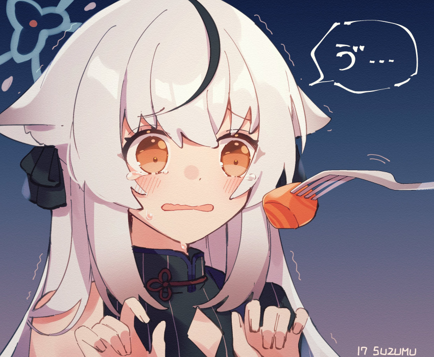 1girl, animal_ear_fluff, animal_ears, bangs, black_ribbon, blue_archive, blue_background, blush