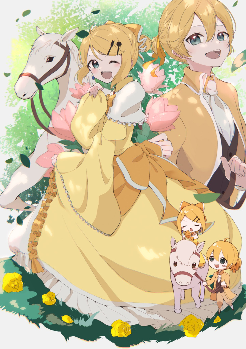 1boy, 1girl, :d, ;d, aku_no_meshitsukai_(vocaloid), aku_no_musume_(vocaloid), allen_avadonia, ascot, bangs, blonde_hair, blush, blush_stickers, bow, brother_and_sister, cel_shading, chibi, choker, dress, dress_bow, evillious_nendaiki, falling_leaves, flower, frilled_dress, frills, grass, green_eyes, hair_between_eyes, hair_bow, hair_ornament, hairclip, highres, jacket, kagamine_len, kagamine_rin, kanato_1227, leaf, long_sleeves, looking_at_viewer, one_eye_closed, open_mouth, orange_ribbon, pale_skin, pink_flower, princess, ribbon, riding, riliane_lucifen_d'autriche, rose, short_ponytail, siblings, smile, swept_bangs, twins, vocaloid, white_horse, wide_sleeves, yellow_bow, yellow_choker, yellow_dress, yellow_flower, yellow_jacket, yellow_rose