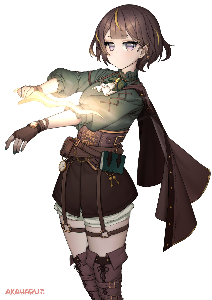 1girl, absurdres, akaharuu, anya_melfissa, ascot, belt, belt_pouch, book, boots, brown_hair, corset, dagger, fingerless_gloves, gloves, highres, holding, holding_dagger, holding_weapon, hololive, hololive_indonesia, knife, kris_(weapon), multicolored_hair, pocket_watch, pouch, short_hair, shorts, shorts_under_skirt, streaked_hair, thigh_boots, thigh_strap, violet_eyes, virtual_youtuber, watch, weapon