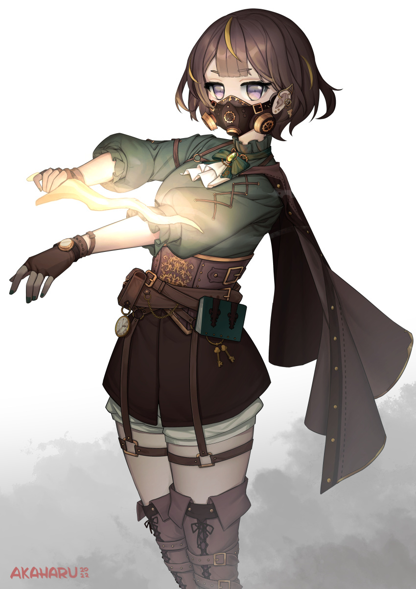 1girl, absurdres, akaharuu, anya_melfissa, ascot, belt, belt_pouch, book, boots, brown_hair, corset, dagger, fingerless_gloves, gas_mask, gloves, highres, holding, holding_dagger, holding_weapon, hololive, hololive_indonesia, knife, kris_(weapon), mask, multicolored_hair, pocket_watch, pouch, short_hair, shorts, shorts_under_skirt, streaked_hair, thigh_boots, thigh_strap, violet_eyes, virtual_youtuber, watch, weapon