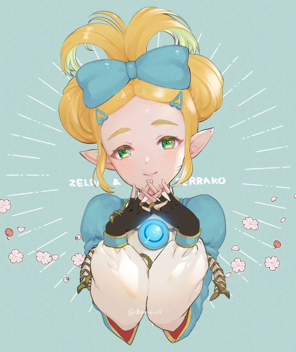1girl, alternate_hairstyle, artist_name, bangs, black_gloves, blonde_hair, blue_background, blue_bow