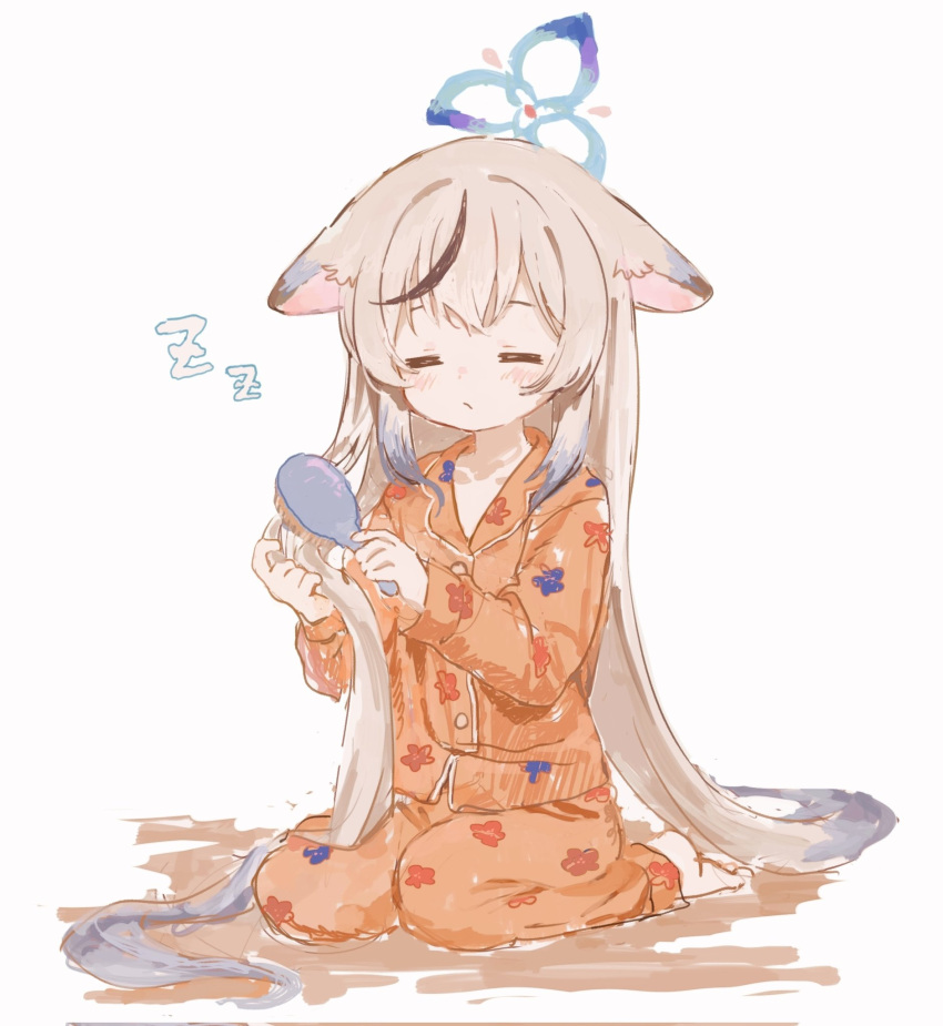 1girl, animal_ears, bangs, black_hair, blue_archive, blush, brushing_hair, buttons