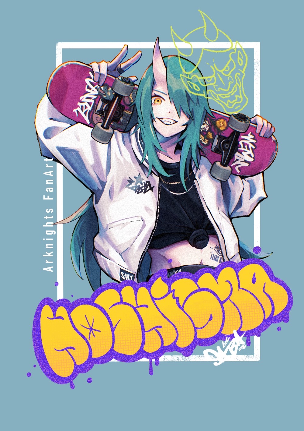 1girl, arknights, green_hair, highres, horns, hoshiguma_(arknights), jewelry, long_hair, navel, necklace, oni, oni_horns, pale_skin, peppsi_(saba_sabasuk0), skateboard, smile, solo, sweater, teeth, v, yellow_eyes