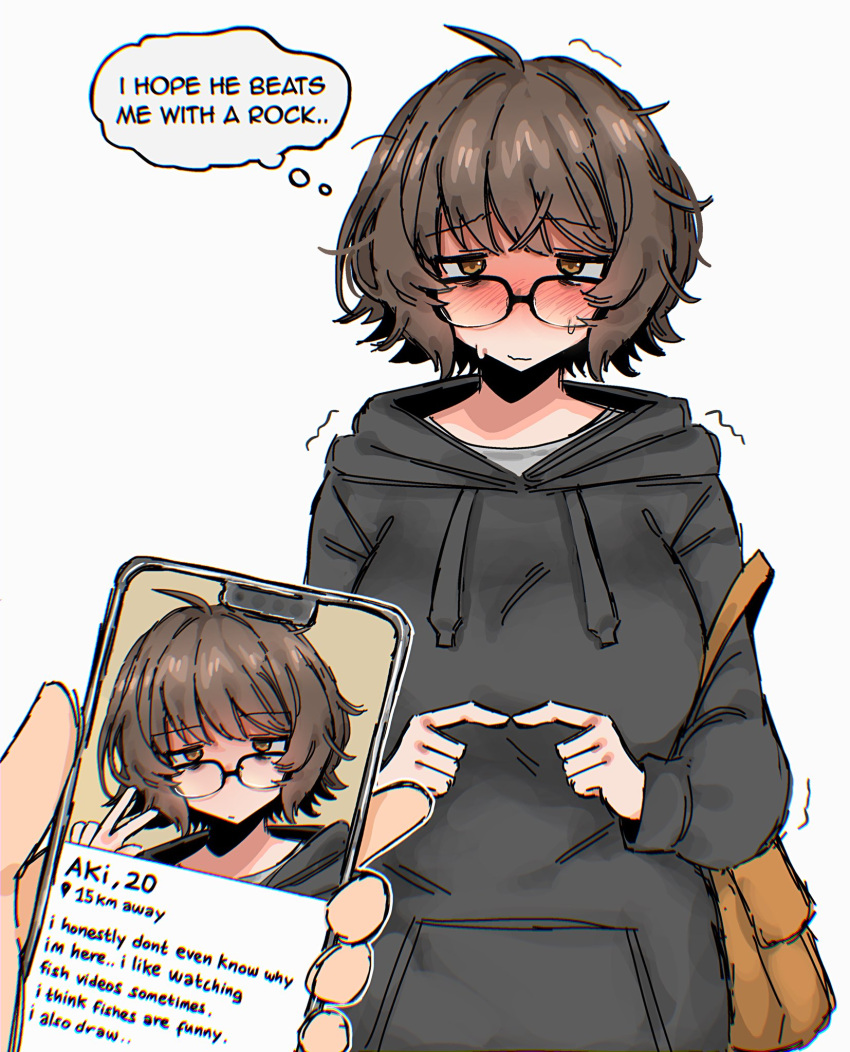 1girl, aki_(snale), bag, black-framed_eyewear, black_hoodie, blush, breasts, brown_eyes