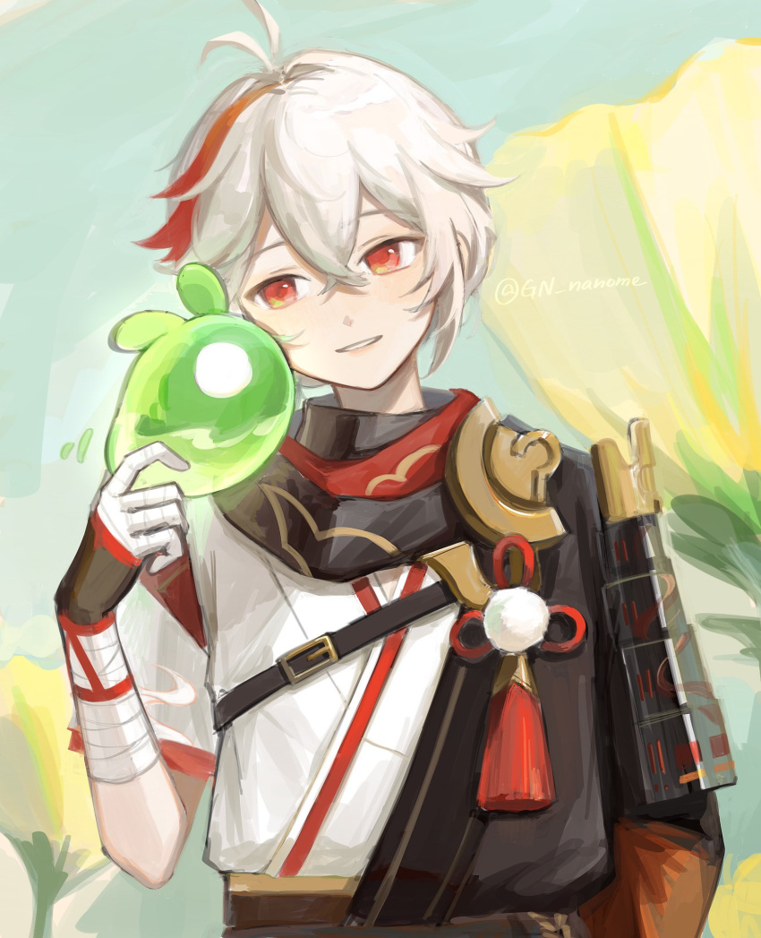 1boy, antenna_hair, armor, artist_name, bandaged_arm, bandaged_hand, bandages, bangs