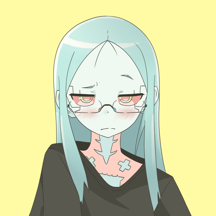 artificial_eye, blush, cocked_eyebrow, colored_sclera, colored_skin, cyberpunk_(series), cyberpunk_edgerunners, english_commentary, frown, glasses, green_hair, highres, looking_at_viewer, mechanical_eye, neck_tattoo, petite, rebecca_(cyberpunk), red_eyes, red_sclera, simple_background, tattoo, twintails, white_skin, zlix0n