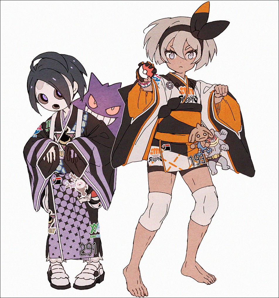 1boy, 1girl, ahoge, allister_(pokemon), bangs, barefoot, bea_(pokemon), bike_shorts
